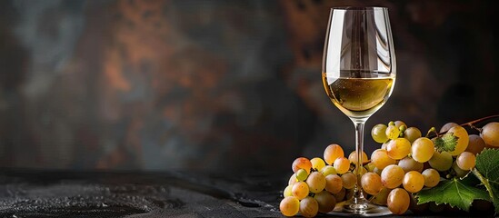 Photo of a glass of white wine with autumn grapes against a dark background offers space for adding text or other elements. with copy space image. Place for adding text or design