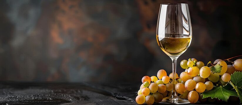 Photo of a glass of white wine with autumn grapes against a dark background offers space for adding text or other elements. with copy space image. Place for adding text or design