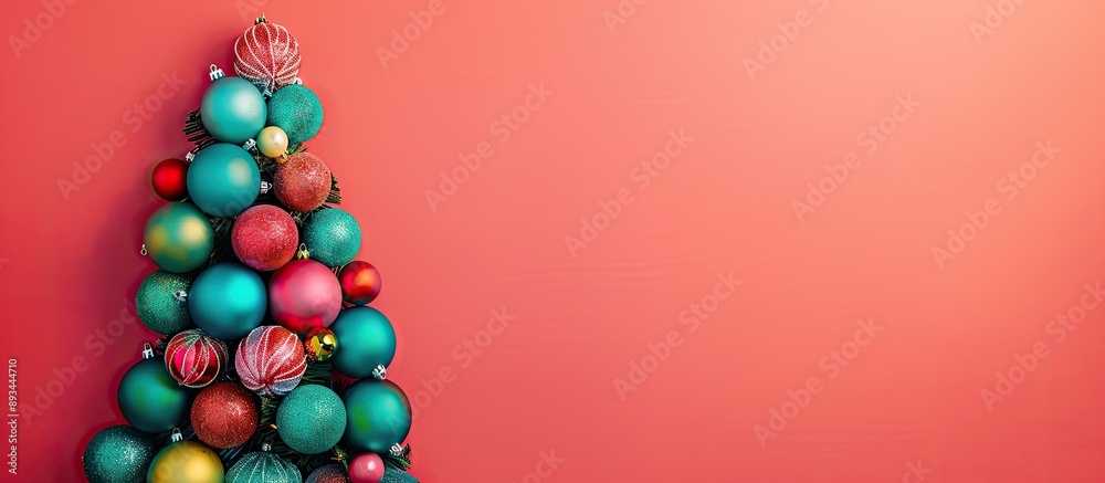 Poster top view of a festive christmas tree design crafted from colorful handmade ball ornaments on a vibra