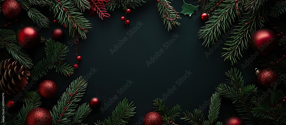 Poster christmas themed arch made of winter elements like fir branches and red ornaments on a dark backdrop