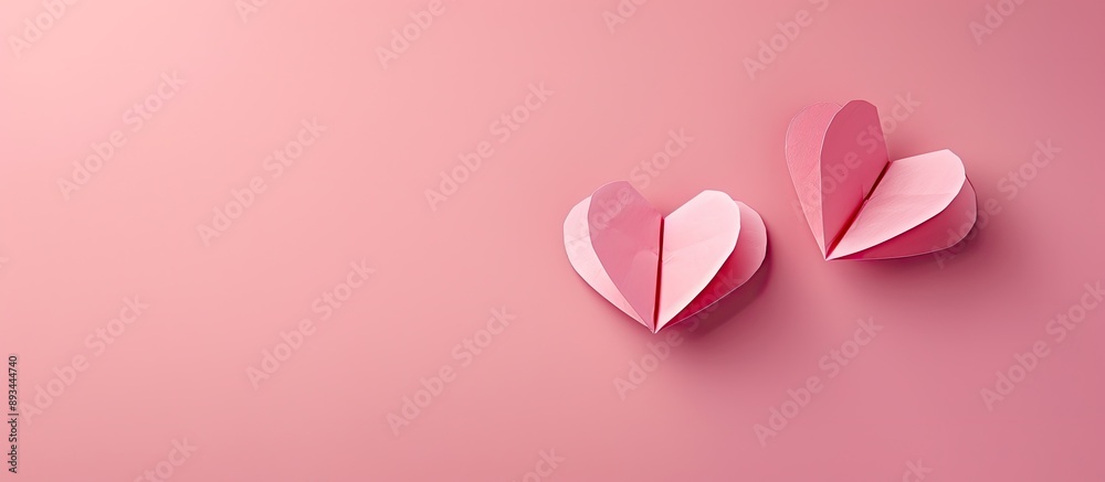 Poster a high quality photo of two paper hearts on a pastel pink background symbolizing a love relationship