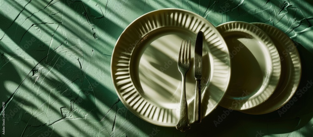 Aufkleber festive new year cutlery on a trendy savannah green background creates a christmas table setting wit