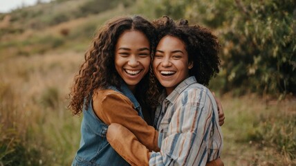 Fototapeta premium Joyful Sisters Hugging Outdoors