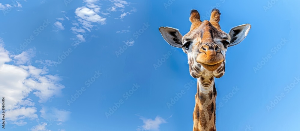 Poster giraffe in close up with blue sky background ideal as copy space image