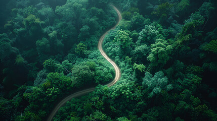 Aerial Drone Shots of Dense Jungles with Dark Green Foliage and Winding Paths, Bird's Eye View High-Resolution Photography Emphasizing Cinematic Hyper-Realistic Elements