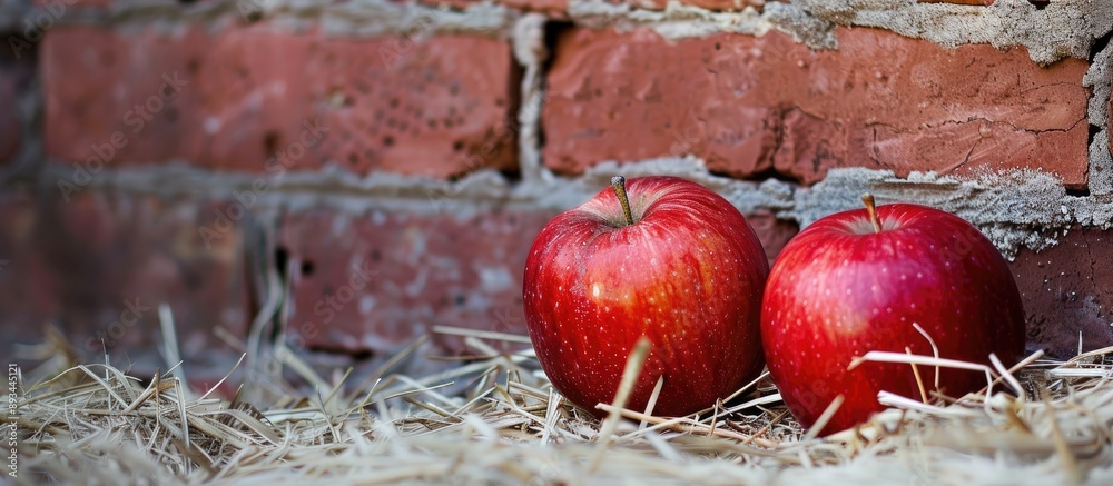 Fototapete a high quality photo features two red ripe juicy apples placed on hay with a brick wall background c
