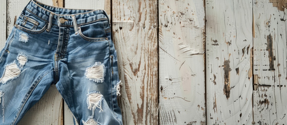 Poster denim pants displayed on a bleached wood surface with copy space image