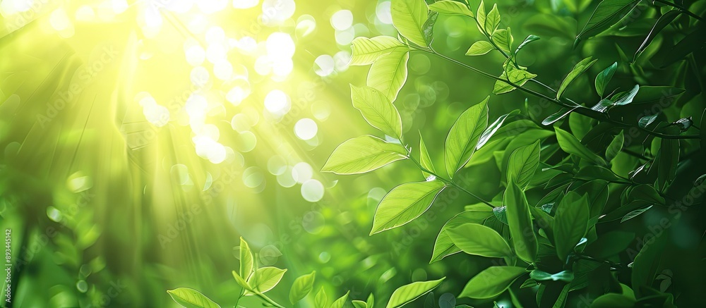 Poster Sunlight filtering through a canopy creating a vibrant backdrop of green foliage with ample copy space image