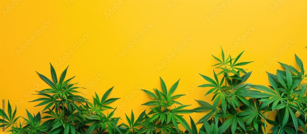 Poster yellow backdrop with green hemp copy space image