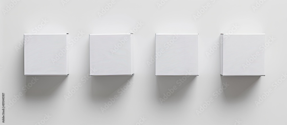 Poster Four white packaging boxes arranged on a white background emphasizing the concept of shipping delivery and transportation with copy space image