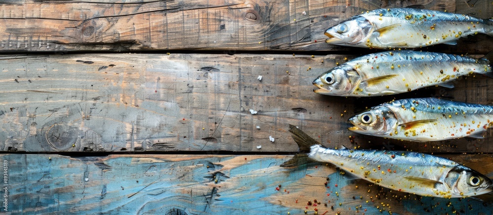 Poster Fish placed on a wooden table with copy space image showing herring covered in spices at a fish salting station