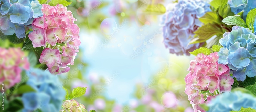Aufkleber Border of hortensia flowers creating a vibrant frame with copy space image within