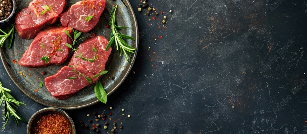 Poster Table setting featuring raw pork or beef meat on a plate with marinade paprika and spices ideal for a healthy food menu concept background Top view with room for text in the copy space image