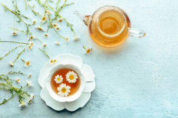 Chamomile flower tea. A tea cup and a tea pot with fresh medicinal flowers, natural organic remedy, overhead flat lay shot with copy space