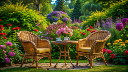Obraz premium Two empty wicker chairs and a delicate table sit amidst lush greenery and vibrant flowers in a serene garden, evoking friendship and warmth.