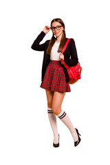 Vertical full length body size view of her she nice attractive lovely content cheerful girl eyeglasses eyewear posing ready attend highschool isolated over bright vivid shine yellow background
