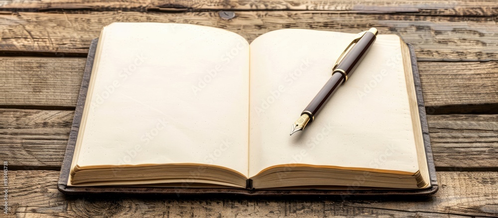 Poster wooden background showcasing an open notebook with a pen providing copy space image