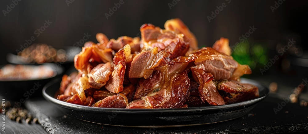 Poster close up image of pork caps on black background with copy space a favored snack in asia