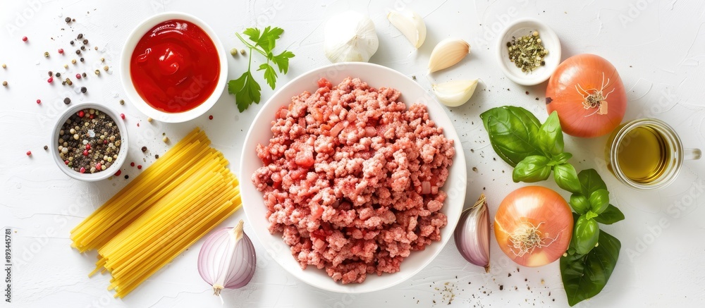 Poster top down view of ingredients like ground meat pasta onions and tomato sauce on a white background fo