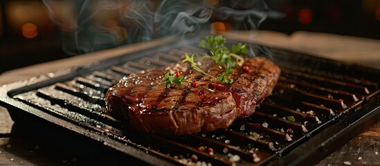 Grilled Entrecote showcasing succulent steak on a sizzling hot plate providing the perfect copy space image