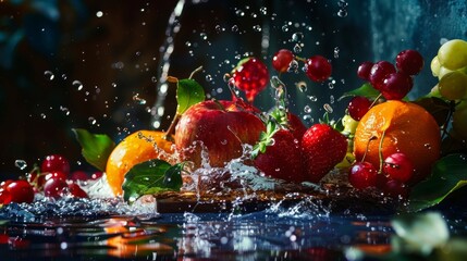 Fresh Fruits with Water Splash on Dark Background