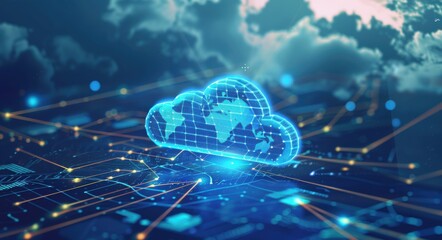 Cloud Computing Technology: Data Transfer & Connectivity with Cloud Services. Internal Connections and Abstract World Map on Dark Blue Background