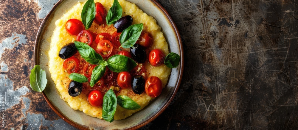 Aufkleber delicious polenta appetizer topped with tomatoes and black olives viewed from the top with copy spac