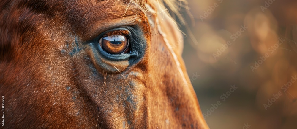 Poster closeup portrait of a lovely brown horse with a focus on a detailed shot includes copy space image