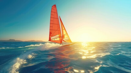 A sailboat is sailing in the ocean with the sun setting in the background