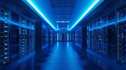 Fototapeta premium Wide-angle shot of a data center with multiple server racks extending into the distance, illuminated by cool blue lighting