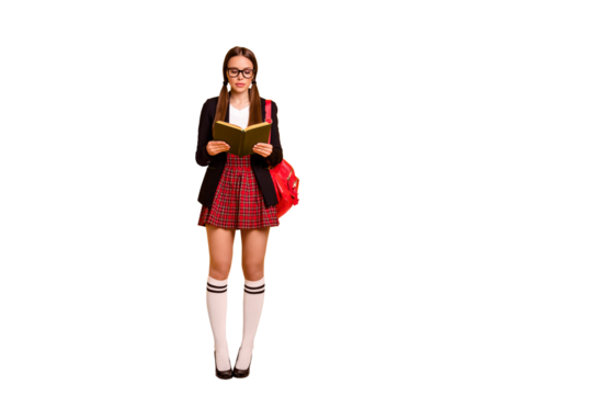 Full length body size view of her she nice-looking attractive lovely smart clever serious girl holding in hands book classes courses preparing test isolated over bright vivid shine yellow background