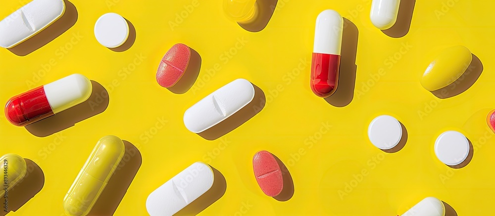 Poster Assorted pills in different shapes and colors including transparent yellow and large white ones positioned on a blank background ideal for a copy space image