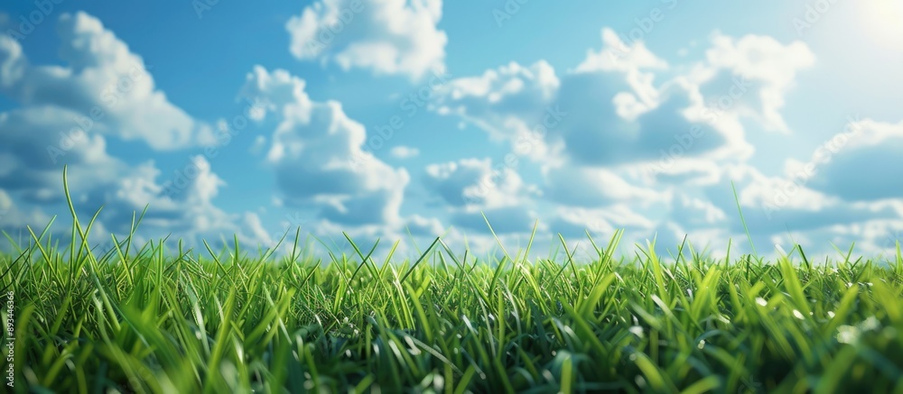 Leinwandbilder Detailed shot of a lush field showing the texture of the green grass against a backdrop of a blue sky adorned with fluffy clouds Focus on a single blade of grass allowing for added text in the image