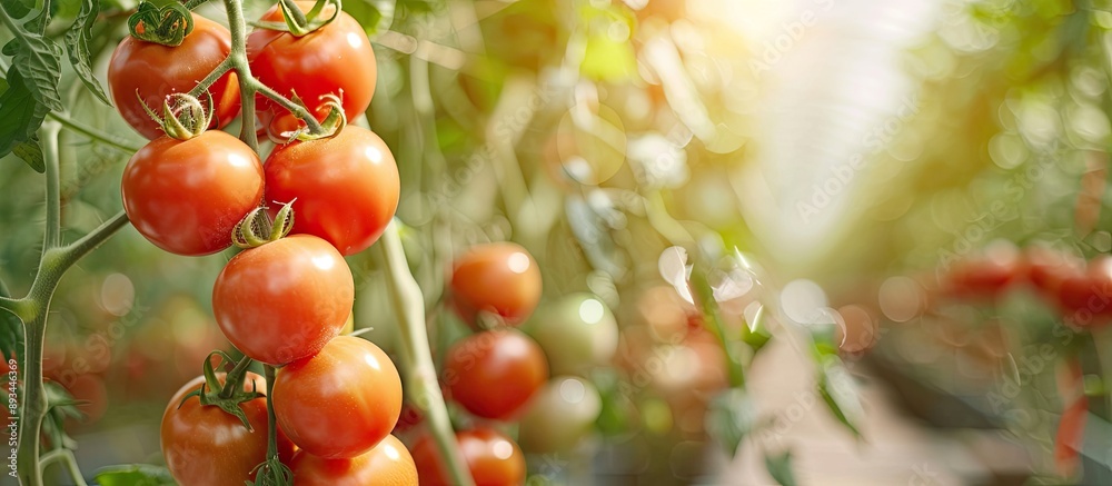 Poster fresh tomatoes ripening on a vine in a greenhouse with copy space image