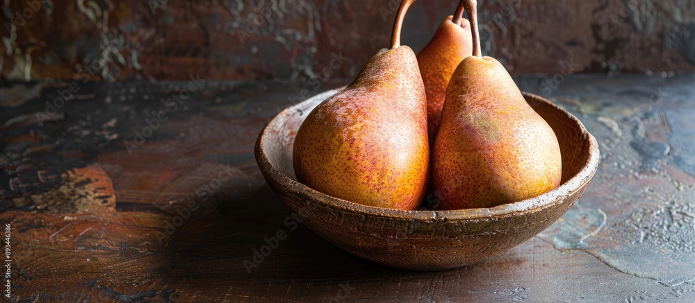Poster summer themed concept featuring vibrant ripe pears displayed in a rustic brown bowl with plenty of c