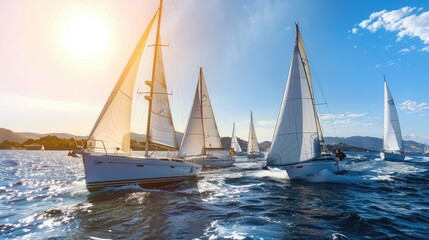 Fototapeta premium A group of sailboats are racing in the ocean