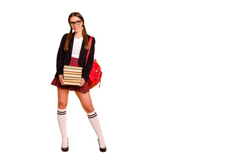 Full length body size view portrait of nice attractive cheerful girl holding in hands many different book attend classes courses highschool academic isolated over bright vivid shine yellow background