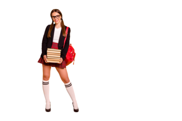 Full length body size view portrait of nice attractive cheerful girl holding in hands many different book attend classes courses highschool academic isolated over bright vivid shine yellow background