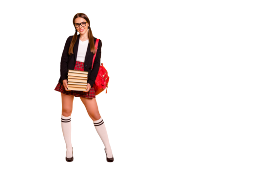 Full length body size view portrait of nice attractive cheerful girl holding in hands many different book attend classes courses highschool academic isolated over bright vivid shine yellow background