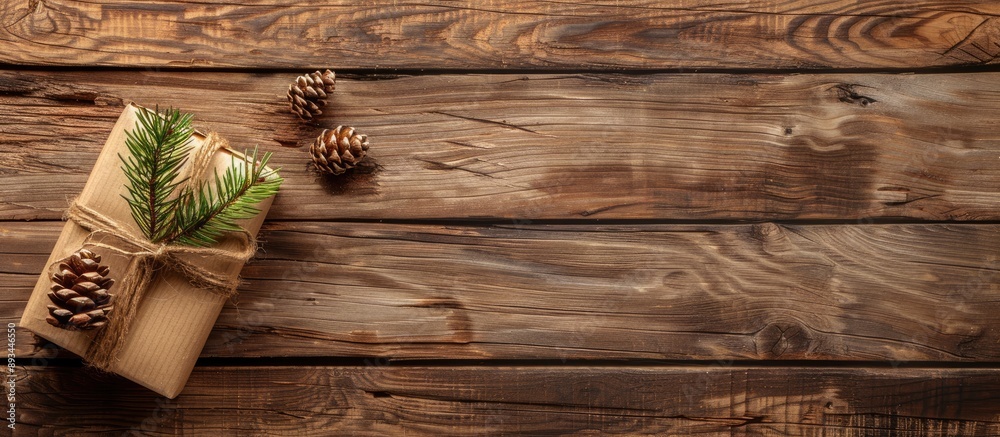 Poster top view of wood grunge board with a gift box larch branch with cone and copy space image for text p