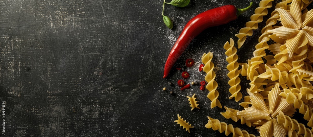 Poster pasta and a red chili pepper arranged on a chalkboard creating an artistic culinary concept with cop