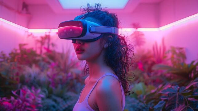 Woman with curly hair experiencing an alternative reality in a vibrant urban garden, Concept of urban life, innovation, and sustainability.