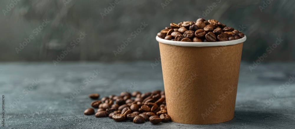 Aufkleber a paper cup filled with coffee beans against a grey backdrop with ample copy space image