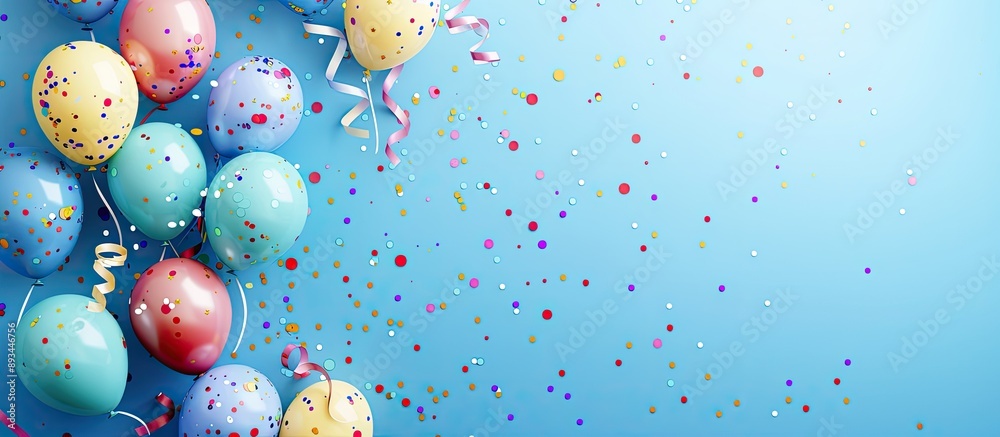 Poster top view of a birthday or party themed image with balloons confetti and ribbons on a blue background