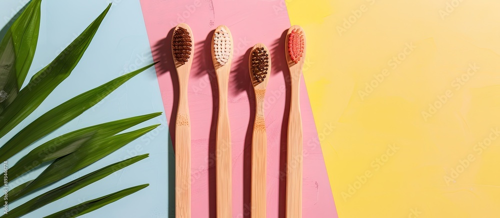 Poster toothbrushes made of wood featuring tropical leaves on a colorful backdrop with copy space image