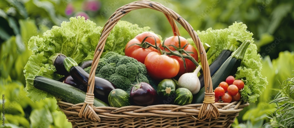 Aufkleber close up view of a wicker basket filled with various vegetables like zucchinis eggplants cucumbers o
