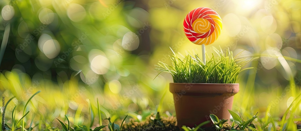 Aufkleber Spring concept depicted with a candy lollipop flower placed in a flowerpot surrounded by grass creating a cheerful scene with copy space image