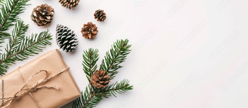 Poster Top view of a New Year gift in craft paper with decorations and pine sprig cones spruce and fir oil on a white background with empty space for text or graphics. with copy space image