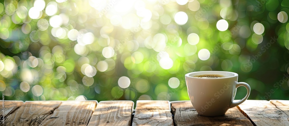 Fototapete Coffee cup on a rustic wooden table with a blurred green bokeh background perfect for a copy space image