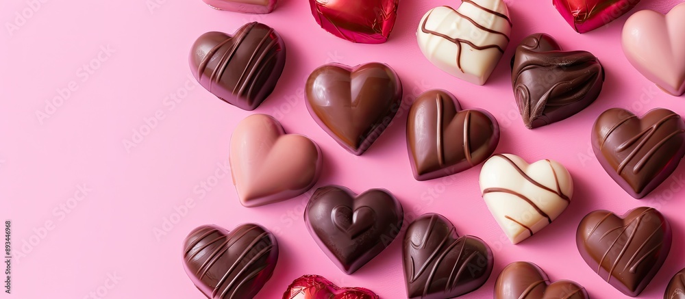Aufkleber valentine s day themed flat lay with heart shaped chocolates on a pink backdrop offering ample copy 
